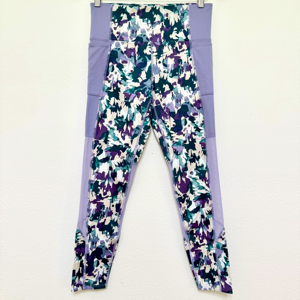 JoyLab 7/8 Purple Green Camo Print Sheer Active High Waist Yoga Pants, M